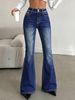 Women's High Waist Double Button Flared Jeans L1052 American Style Dark Blue Washed Slim Fit Floor Length Elastic Pants_mkmklike.com