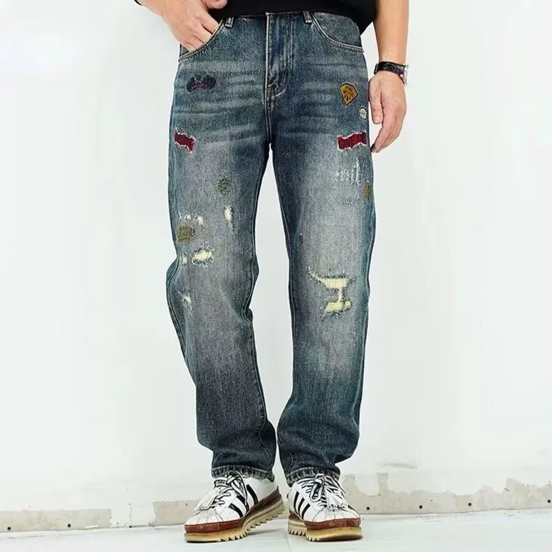 Men's Slim Fit Straight Leg Jeans Embroidered Ripped Retro Style Trendy Cool Denim Summer New_mkmklike.com