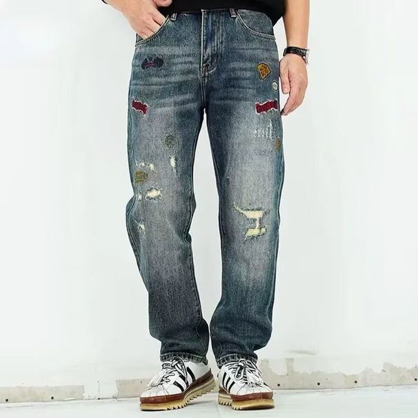Men's Slim Fit Straight Leg Jeans Embroidered Ripped Retro Style Trendy Cool Denim Summer New_mkmklike.com