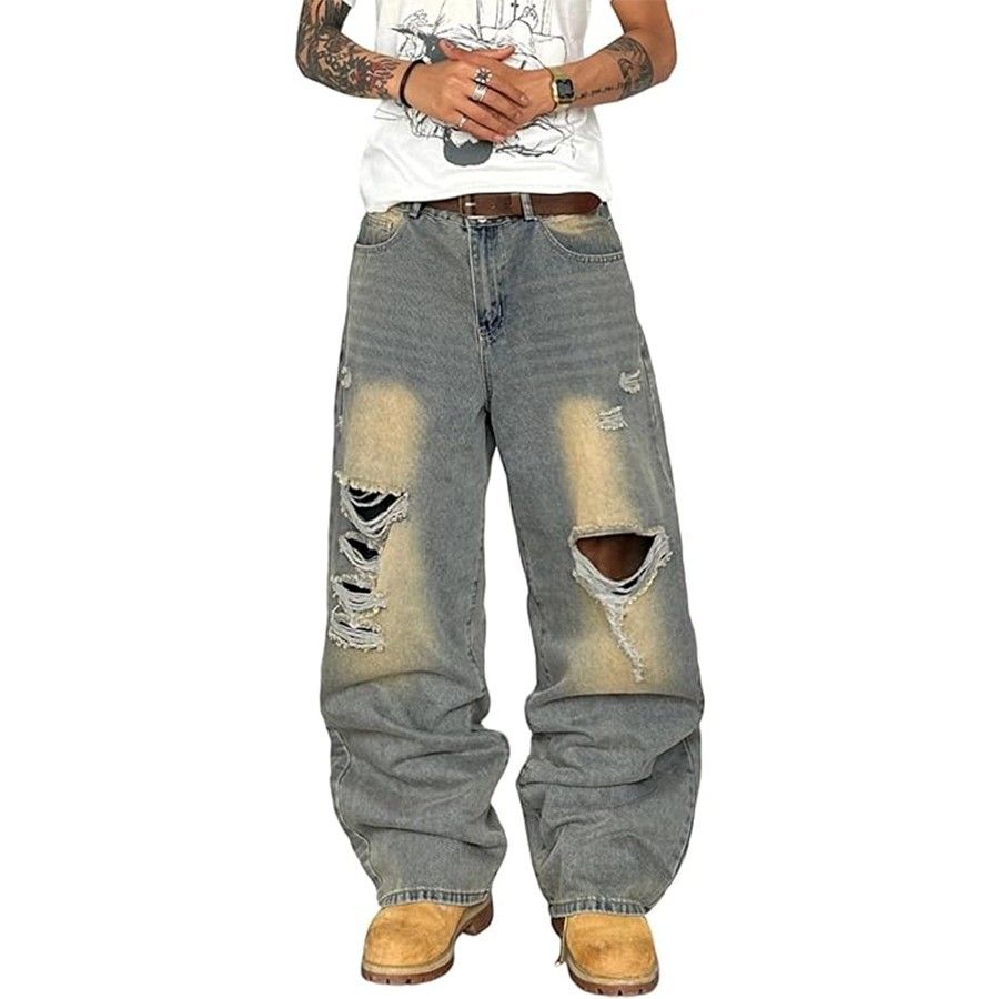 Men's Heavyweight Washed Denim Jeans Baggy Punk Pants With Graffiti & Rips, American Street Hip Hop Style_mkmklike.com