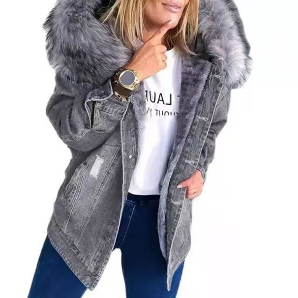 Women's Clothing Retro Denim Jacket With Large Fur Collar, Stylish And Warm For Commuting, Mid Length Distressed And Vintage Style._mkmklike.com