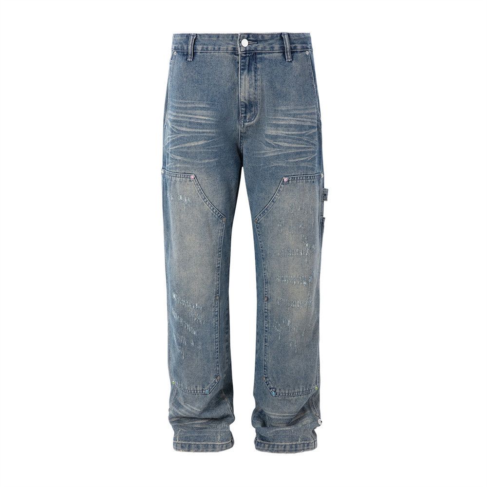 American Style Straight-Leg Jeans For Men Punk Street Fashion Handmade Distressed Washed Pocket Cargo Pants_mkmklike.com