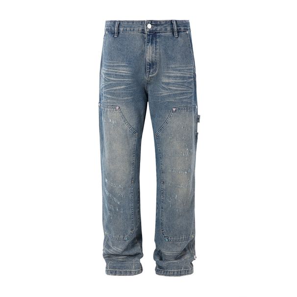 American Style Straight-Leg Jeans For Men Punk Street Fashion Handmade Distressed Washed Pocket Cargo Pants_mkmklike.com