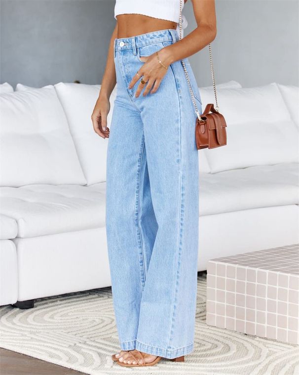 Women's Flared Stretch Denim Pants - High Waist Wide Leg, Vintage Washed Blue, Office-to-Weekend Versatility_mkmklike.com