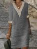 Women's solid color V-neck mid-sleeve cotton and linen casual dress_mkmklike.com