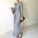 Women's clothing new fashion long skirt female leisure solid color round neck trumpet sleeve pleated dress_mkmklike.com