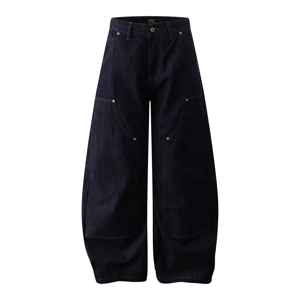 Vibe Trendy Brand High Street Workwear Original Color Jeans Men's Silhouette Scimitar Multi-Pocket Design Loose Wide-Leg_mkmklike.com