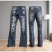 Unisex Stacked Flared Jeans, Vintage Blue, Vertical Fade, Frayed Scratches, Biker Style, Breathable Summer_mkmklike.com