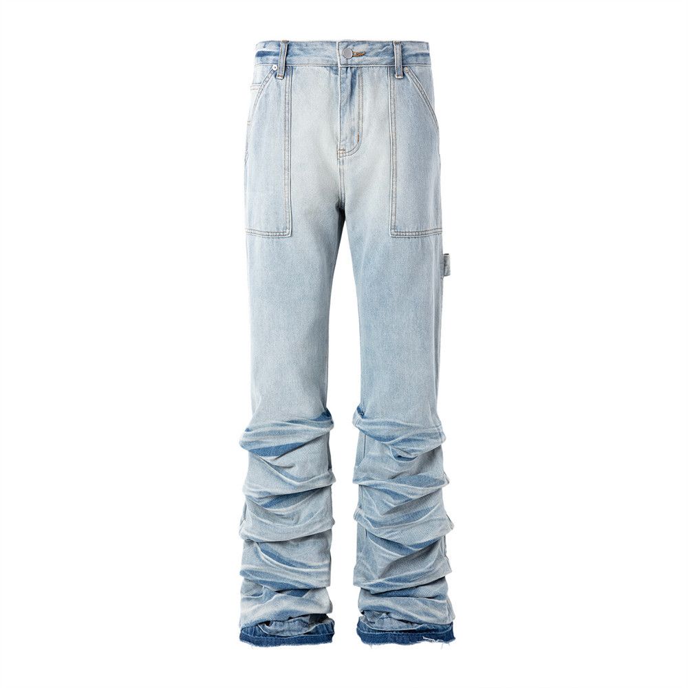 Hippie Trend Niche Denim Men's Washed Vintage Frayed Heavy Pleated Design Personality Flared Pants_mkmklike.com