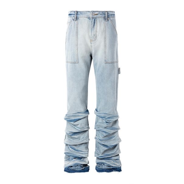 Hippie Trend Niche Denim Men's Washed Vintage Frayed Heavy Pleated Design Personality Flared Pants_mkmklike.com