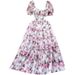 Women's square neck puff sleeve floral dress female waist temperament super fairy chiffon long dress_mkmklike.com