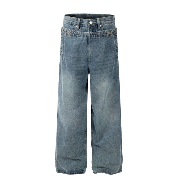 Men's Clothing Street Fashion Trendy Neutral High End Blue Deconstructed Waist Design Loose Jeans_mkmklike.com