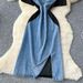 Women's Clothing Short Sleeve Stitching Diamond Waist Denim Dress Female Summer Slit Long Skirt_mkmklike.com