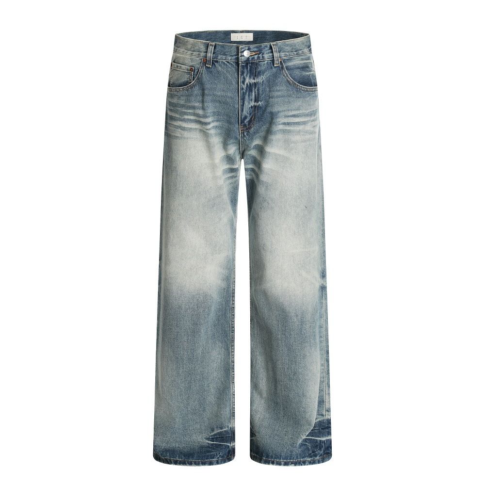 Punk Washed Gradient Denim Street Style Men's Water Ripple Distressed Loose Casual Straight Pants_mkmklike.com