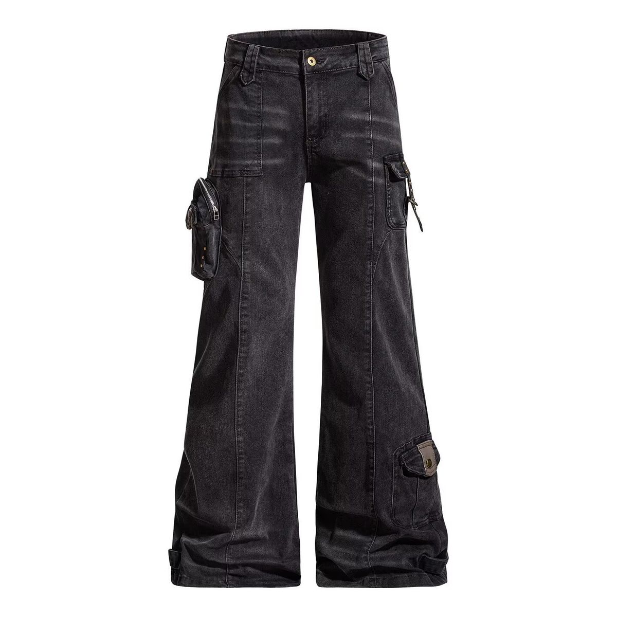 Retro High-Street Flared Jeans – Vintage Washed Black, Utility Pockets, Unisex Slim Fit (S-3XL)_mkmklike.com