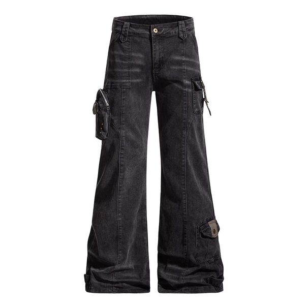 Retro High-Street Flared Jeans – Vintage Washed Black, Utility Pockets, Unisex Slim Fit (S-3XL)_mkmklike.com
