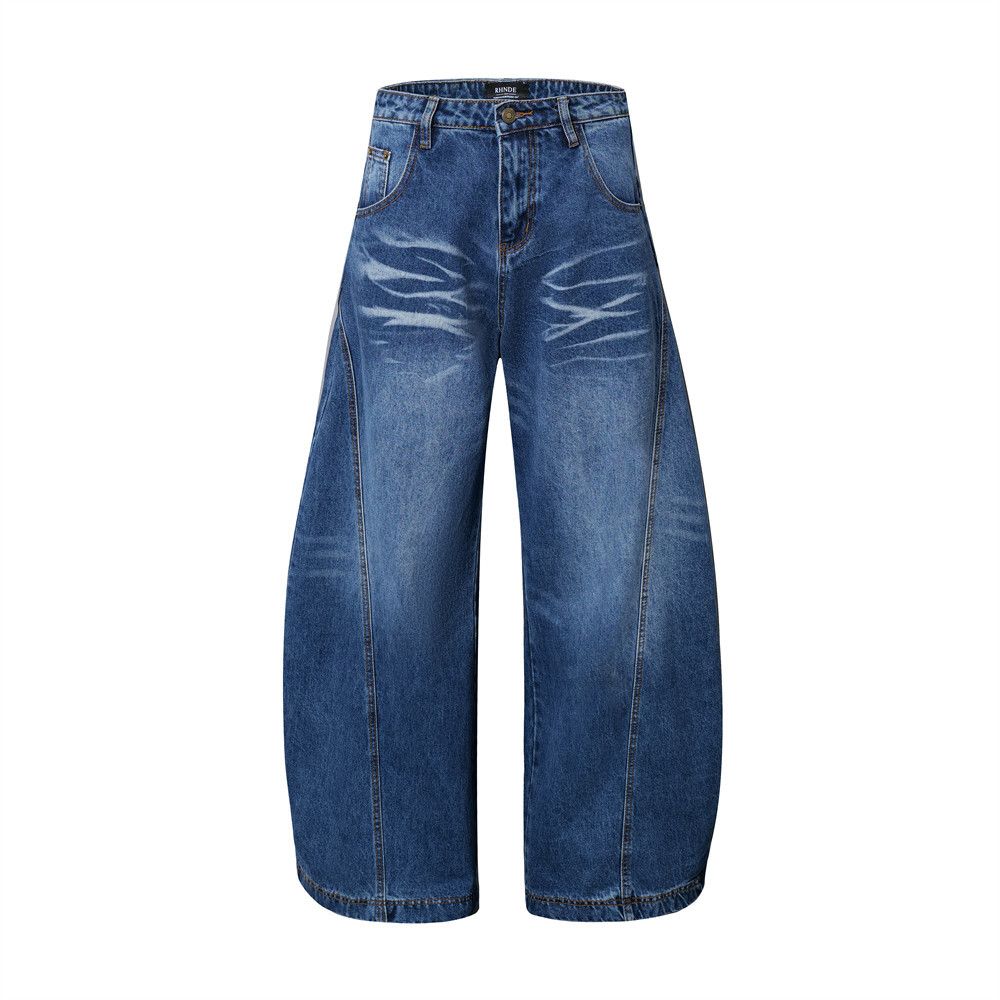American Style Washed Jeans For Men Street Fashion Ins Loose Water Ripple Wide Leg Pants Draped Floor-Length Trousers_mkmklike.com