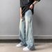 Retro Light Blue Men's Jeans High Street Hip Hop Stacked Design Straight Leg Loose Fit_mkmklike.com