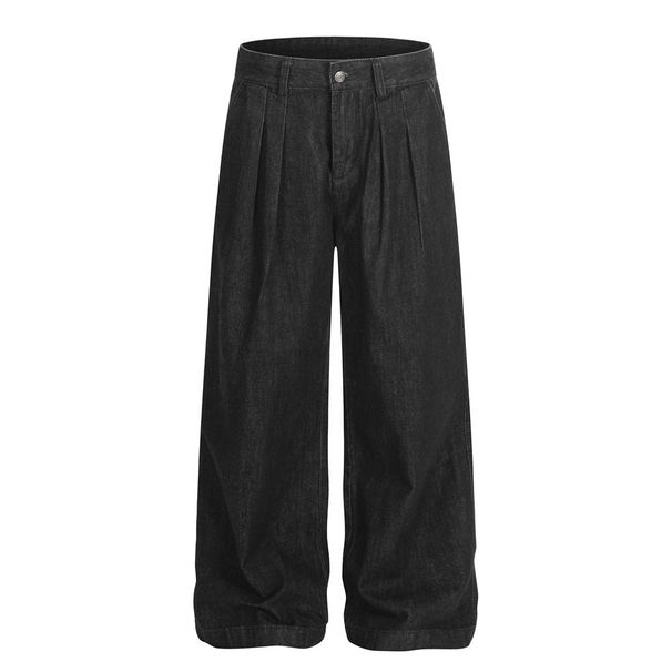 American Style Versatile Denim Wide-Leg Men's Dad Simple Design Double Pleats Loose Straight Long Pants_mkmklike.com