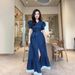 Women's Clothing Summer Retro Single Breasted Loose Casual Ruffled Short Sleeved Denim Dress_mkmklike.com