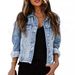 Women's Clothing Distressed Denim Jacket - Vintage Washed Short Cropped Jean Coat With Lapel Collar & Long Sleeves_mkmklike.com