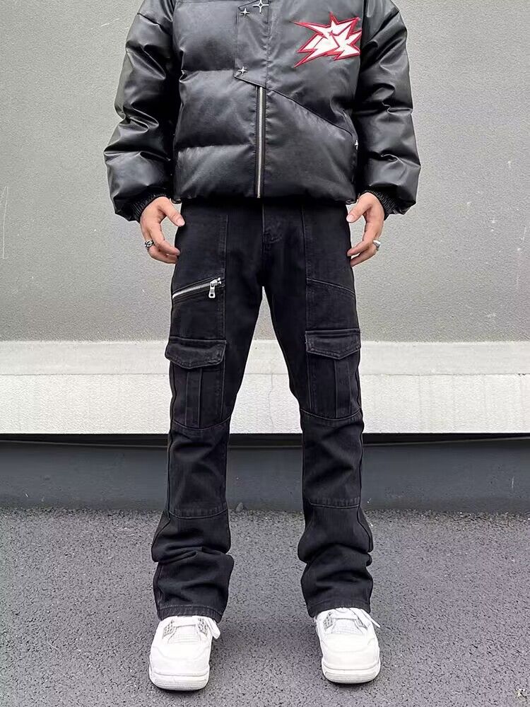 Men's Clothing High Street American Retro Digital PU Leather Patch Jeans Men And Women Trendy Loose Straight Wide Leg Trousers Trend_mkmklike.com