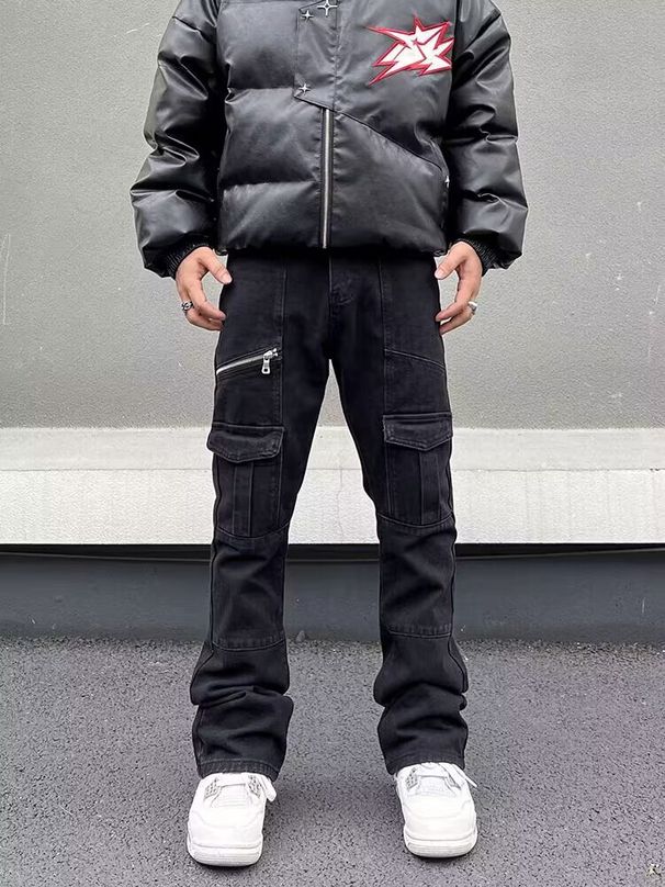 Men's Clothing High Street American Retro Digital PU Leather Patch Jeans Men And Women Trendy Loose Straight Wide Leg Trousers Trend_mkmklike.com