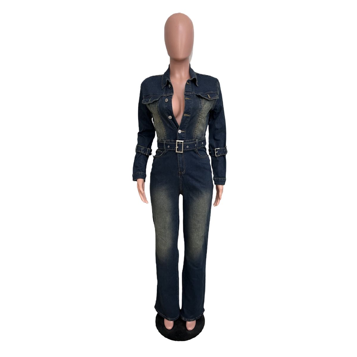 K High Waist Stretch Flared Long Sleeve Denim Overalls_mkmklike.com