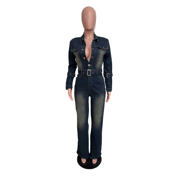 K High Waist Stretch Flared Long Sleeve Denim Overalls_mkmklike.com