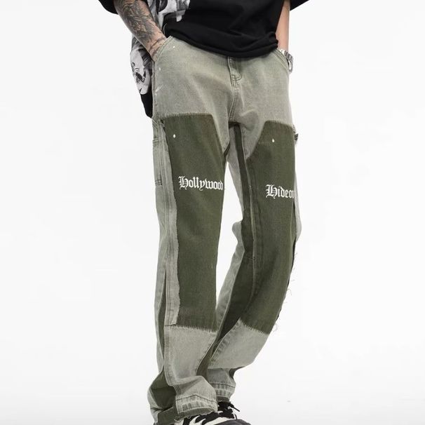 Men's High Street Style Heavy Washing Old Ink Splash Color Deconstruction Bell Bottom Pants Sub-Trend Personality Niche Stacked Jeans_mkmklike.com