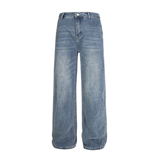 Washed Vintage Jeans American Street Style Design Pocket Loose Casual Straight Long Pants Men's Trousers_mkmklike.com