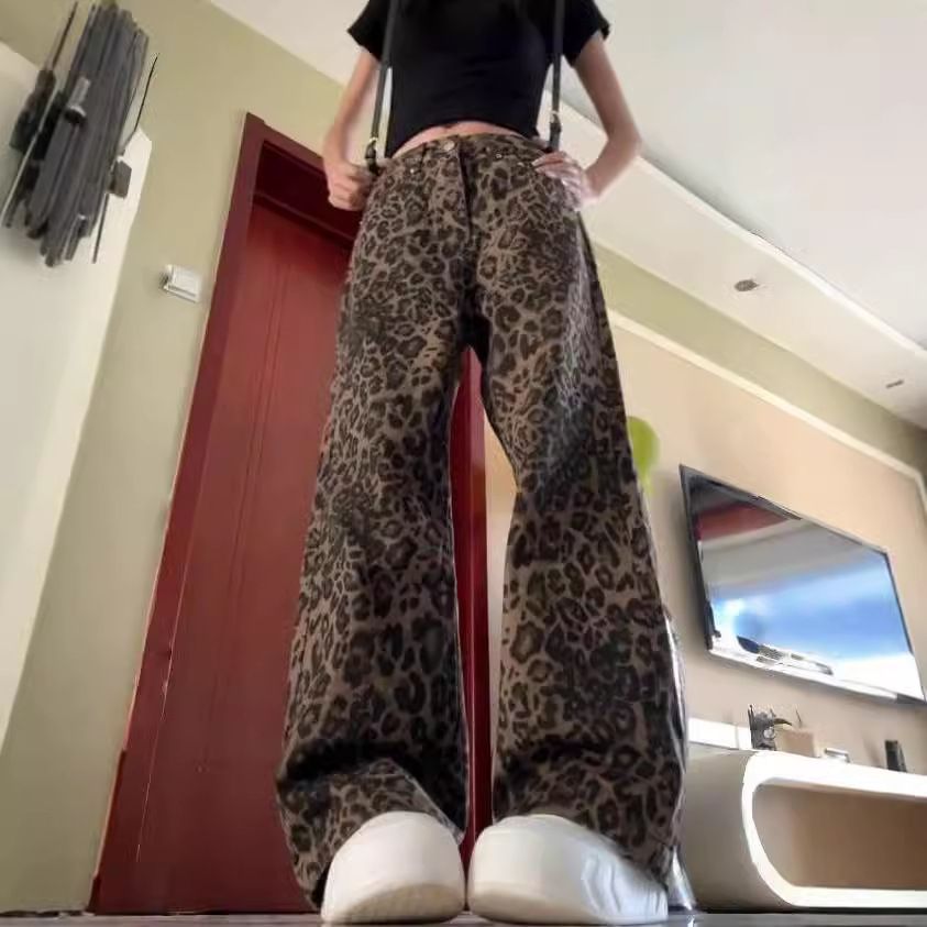 High Waist Straight Leg Leopard Print Jeans Girls Harajuku Style Women's Jeans Long Floor Length Slimming Wide Leg Trousers Spring Autumn_mkmklike.com