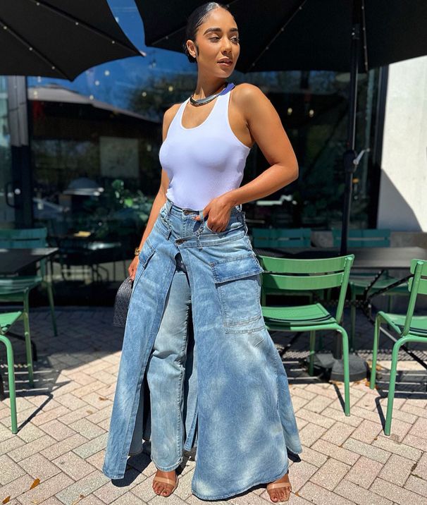 Women's Faux Two Piece Denim Skirt European American Style Streetwear Symmetrical Slit Jeans_mkmklike.com