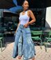 Women's Faux Two Piece Denim Skirt European American Style Streetwear Symmetrical Slit Jeans_mkmklike.com