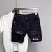 Men's Slim Fit Distressed Denim Shorts Trendy Cool Black mid Waist Jeans for Summer 2026 Standard Thickness Slight Stretch_mkmklike.com
