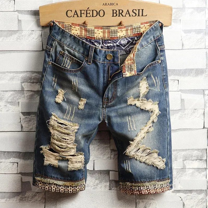 2025 Summer Clothing New Men Vintage Ripped Short Jeans Streetwear Fashion Hole Straight Thin Denim Shorts Male Brand Pants_mkmklike.com