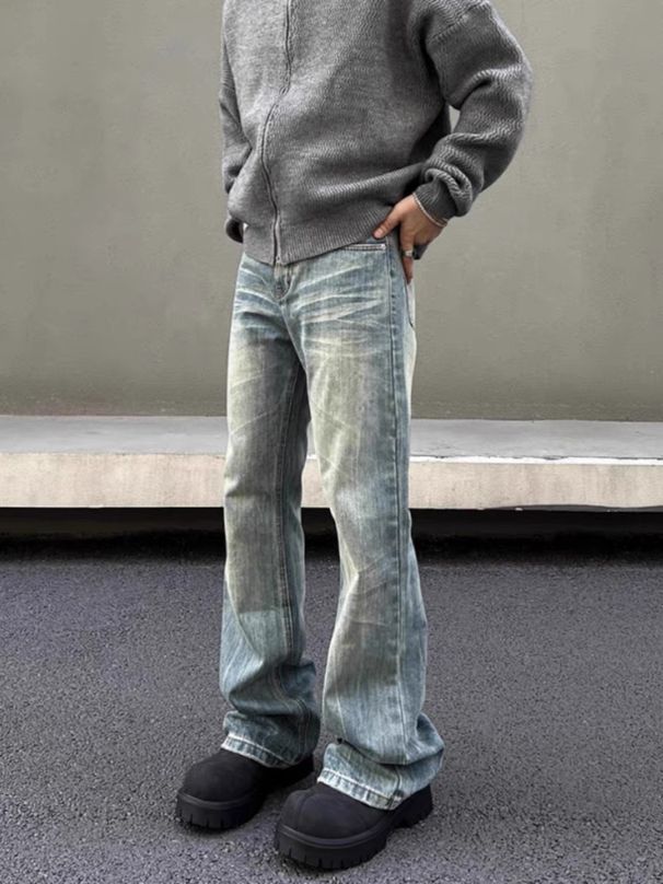 Men's Straight Leg Vintage Washed Jeans With Whisker & Bamboo Texture - Cleanfit High Street Style For Casual & Trendy Looks_mkmklike.com