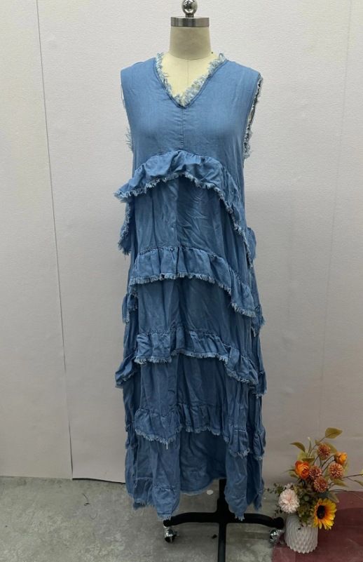 ELLE ELLE 2024 Summer New European And American Cross-Border Women's Solid Color V-Neck Fashion Frayed Edge Patchwork Denim_mkmklike.com