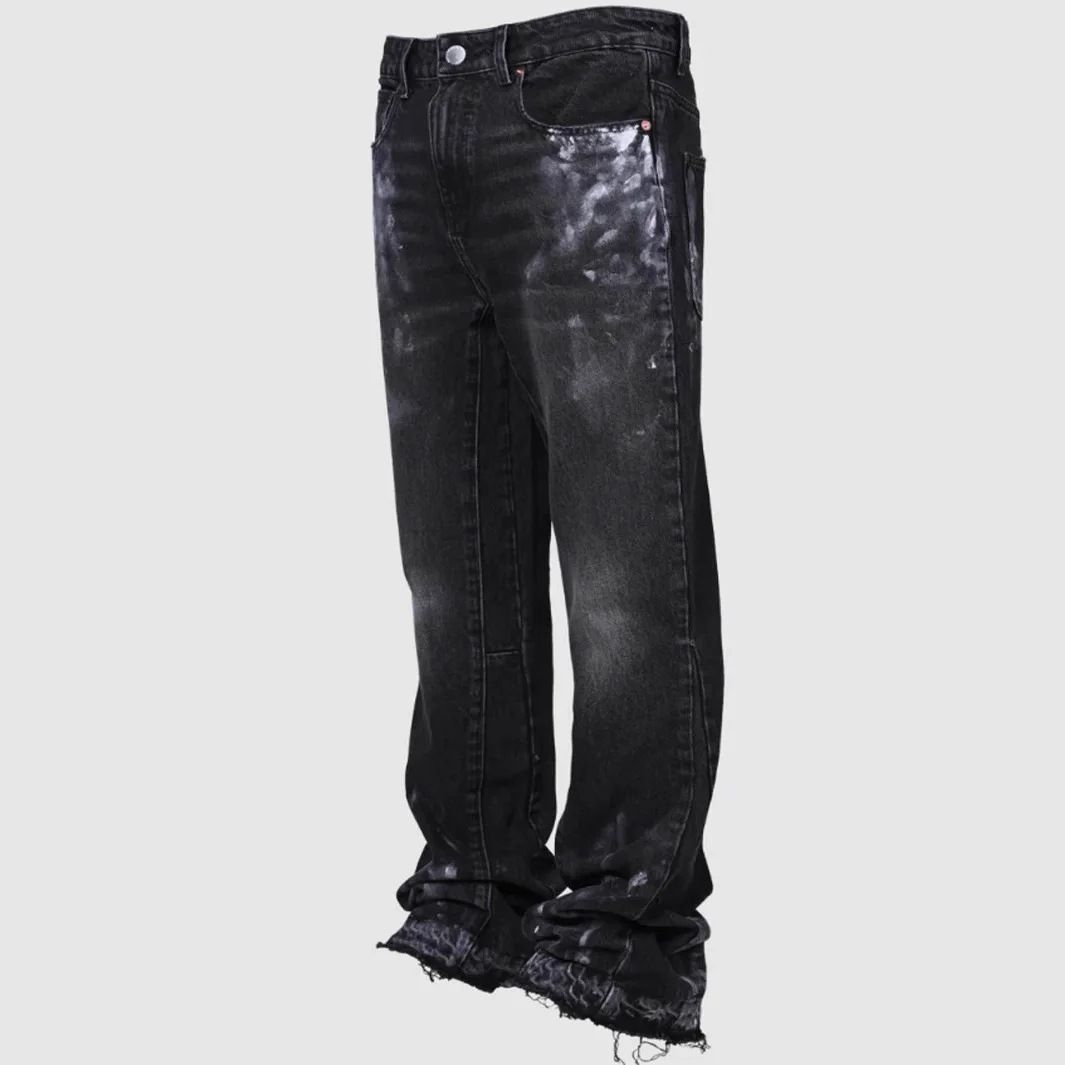 Men's Stretch Denim Jeans – Straight Leg Vintage Washed Pants With Hand-Painted Details, Trendy Streetwear Essential (Black/Blue)_mkmklike.com