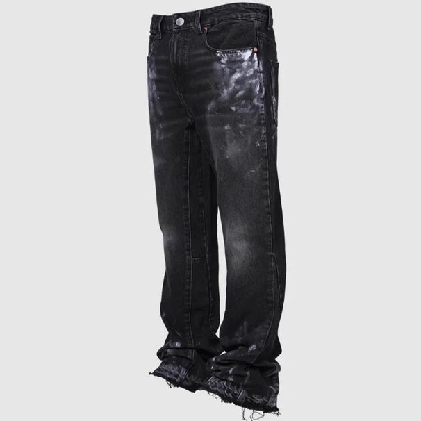 Men's Stretch Denim Jeans – Straight Leg Vintage Washed Pants With Hand-Painted Details, Trendy Streetwear Essential (Black/Blue)_mkmklike.com