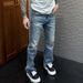 Men's High-Waisted Slim Fit Distressed Denim Jeans With Splash & Burn Design, Straight Leg, Classic Blue_mkmklike.com