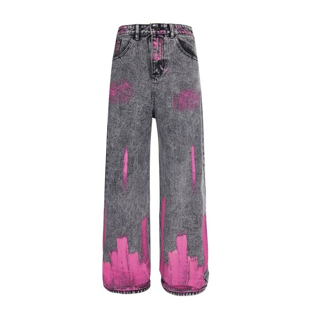 Heavy Industry Wasteland Vintage Jeans For Men, Color-Block Ink-Splattered Paint Design, Niche Loose Wide-Leg Straight_mkmklike.com