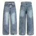Men's Retro Blue Flared Jeans High Street Style Washed Distressed Loose Straight Leg Wide Leg Trousers_mkmklike.com