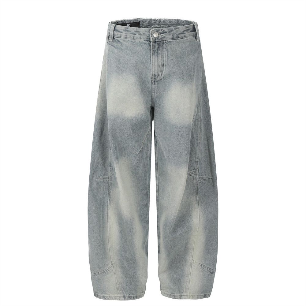 Tie-Dye Scimitar Curved Jeans Men's American Street Trendy Brand Loose Versatile Washed White Wide-Leg Long Pants_mkmklike.com