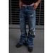 Men's Clothing Men's Dark Blue Straight Leg Flared Trousers Retro Distressed Patchwork Studded High Street Style_mkmklike.com