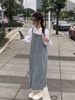 ELLE Youthful Autumn New Korean Fashion Loose High Waist Slimming Jumpsuit Denim Strap Dress Long Style_mkmklike.com