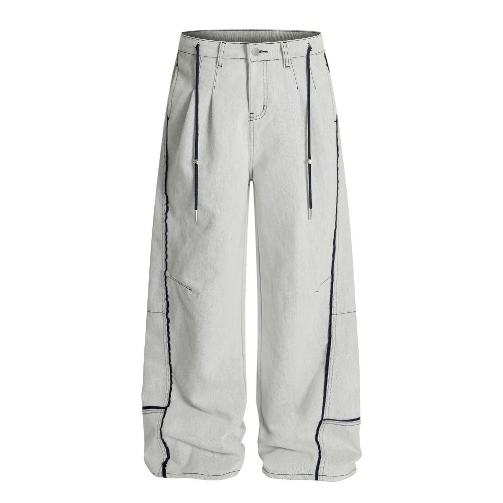 Unique Color Block Loose Jeans For Men High Street Trendy Brand Three-Dimensional Deconstructed Design Wide-Leg Straight_mkmklike.com