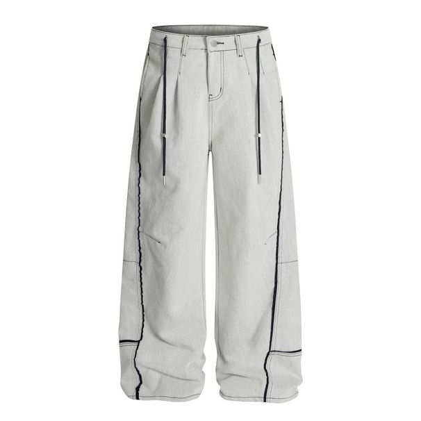 Unique Color Block Loose Jeans For Men High Street Trendy Brand Three-Dimensional Deconstructed Design Wide-Leg Straight_mkmklike.com