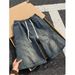 Men's Distressed Washed Denim Shorts Ombre Graffiti Loose Fit Drawstring Black to Blue S-3XL_mkmklike.com