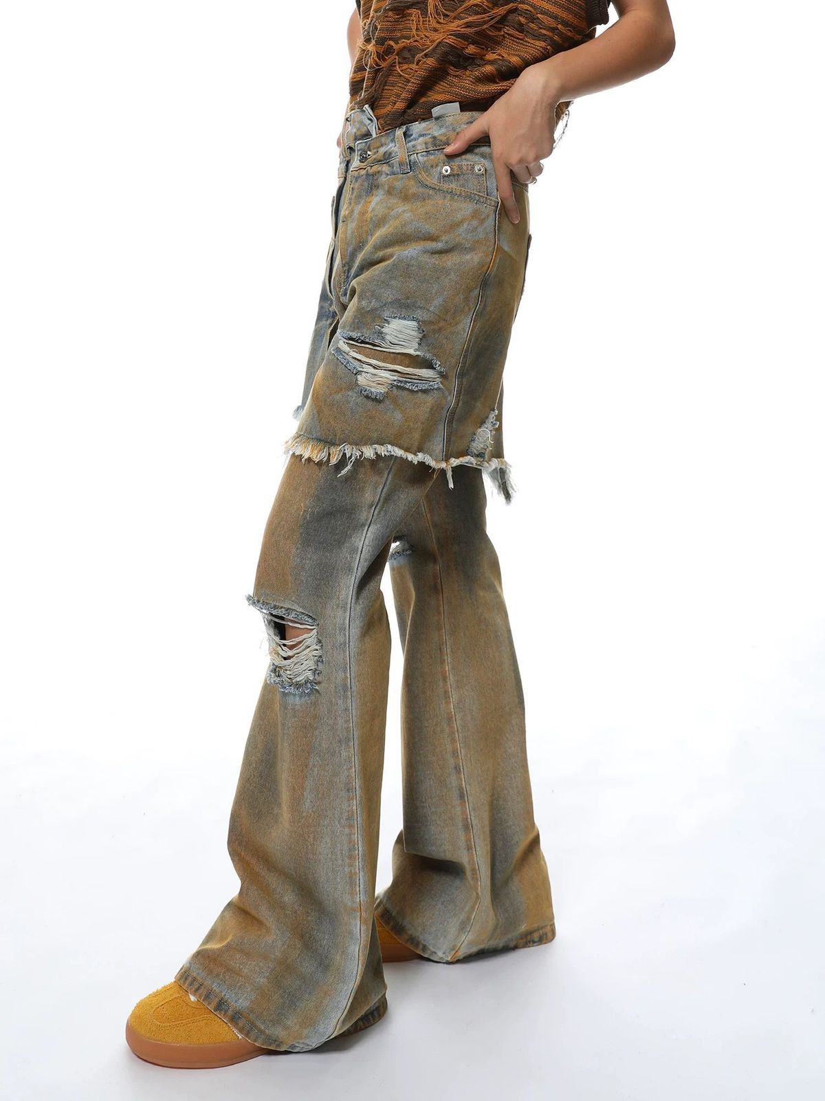 Men's Clothing Wasteland Style Old Dirty Splicing Fake Two Piece Skirt Jeans Destroyed Holes Slightly Flared Beggar Spring And Summer Trend_mkmklike.com